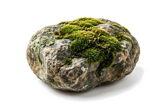 Single natural stone with green moss and lichen isolated on white background, macro close up of rustic rock with soft shadow, minimalist zen nature and wabi-sabi concept.