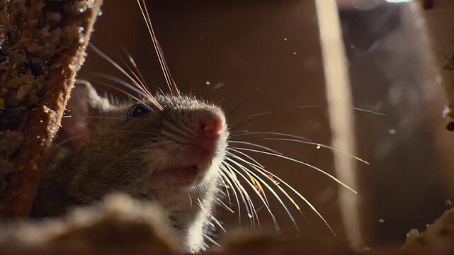 Mouse whiskers moving in dim storage room light between dusty wooden surfaces, showing rodent infestation, hidden pest activity, unsanitary conditions and household contamination risk.