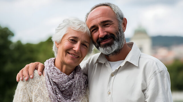 happy elderly husband and wife portrait taken outdoors showing warmth affection and lasting bond together