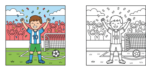 Boy soccer player celebrating goal cartoon vector illustration, colorful and black and white coloring page outline set, children educational football game © MMONIR