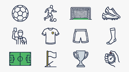 Creative Icons Set Featuring Soccer Themed Elements in Black and Green Line Art Style with high quality professional line art symbols for modern creative design and digital branding projects © Pahmi