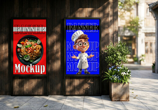 Two vertical restaurant banner mockups on wooden wall outdoor