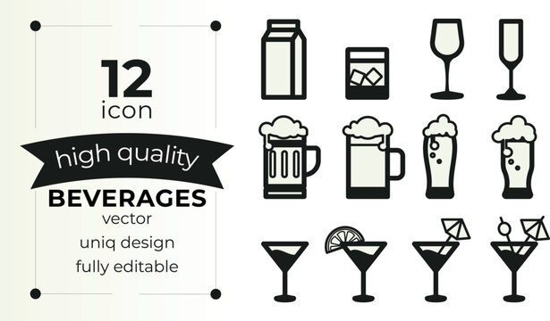 Drinks and Beverages Icon Set. Outline Alcoholic and Soft Drinks Vector Icons. Bar Menu Symbols Isolated on White Background. Beer, Cocktail, Wine, Milk Carton and Whiskey Line Art