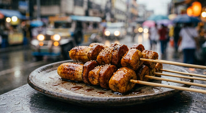 Caramelized banana cue and tofu skewers on a plate beside a rainy urban street
