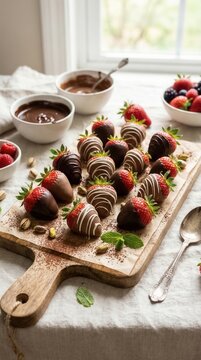 Chocolate Dipped Strawberries on Wooden Serving Board