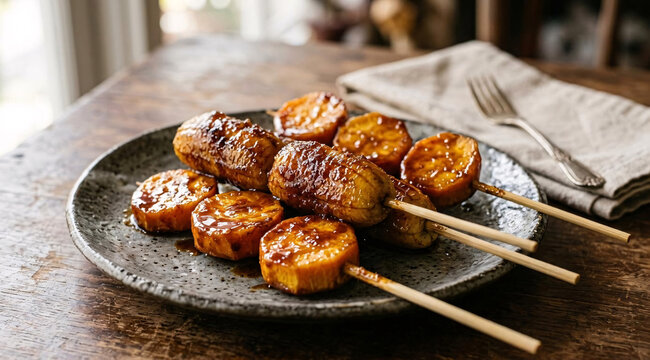 Glazed banana cue and tofu skewers with sesame seeds on a ceramic plate