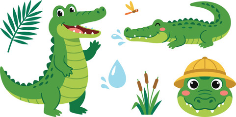 Naklejka premium Cute Cartoon Crocodile Vector Set with Friendly Alligator Characters, Pith Safari Hat, Tropical Palm Leaf, and Swamp Reeds for Kids Nursery Designs