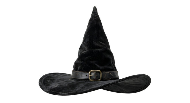 Black velvet pointy witch hat with leather buckle