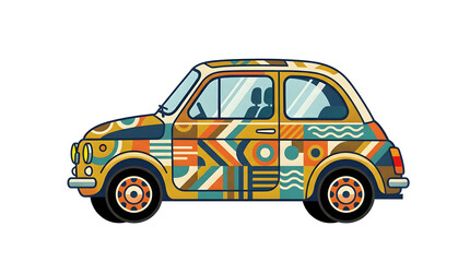 Obraz premium Vintage Compact City Vehicle Decorated With Vibrant Geometric Patterns and Colorful Abstract Artistic Motifs on Side Panels