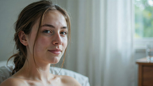 Bare-faced morning portrait without makeup, authentic unfiltered self-acceptance moment