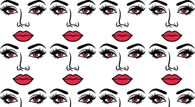 Collection of various female face parts with red eyes and lips for makeup design