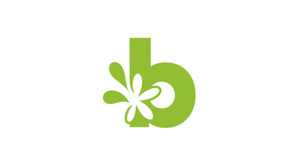 Logo featuring a large green lowercase letter 'b' with a white flower motif and splash design inside © Keong