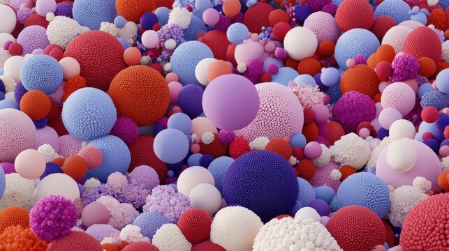 A 3D rendering of a multitude of spheres in various colors and sizes, arranged in a seemingly random pattern.