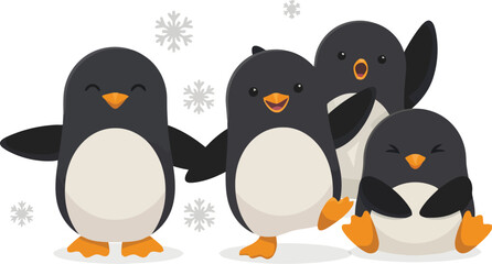 A group of four happy cartoon penguins standing together on ice with snowflakes around them © MDZiaul