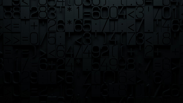 Textured 3D Array of Mathematical Symbols and Numbers on Dark Stone-Like Background, Abstract Digital Art for E-Learning and Educational Design Applications