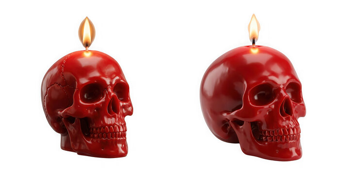Two red skull candles with burning flames isolated on transparent background