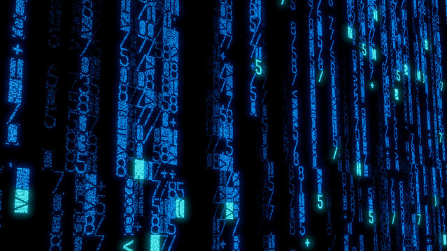 Intricate Digital Binary Code Pattern in Bright Blue and Green on Black Background, Ideal for Technology, Data Visualization, and E-Commerce Applications