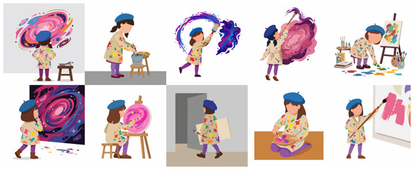 Fototapeta premium Creative Little Girl Artist Painting Colorful Galaxies and Cosmic Art Illustrations Set