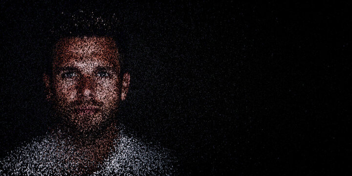 Digital ID Portrait of European Man with Face made up of Code. Fraud detection Concept with copy-space.
