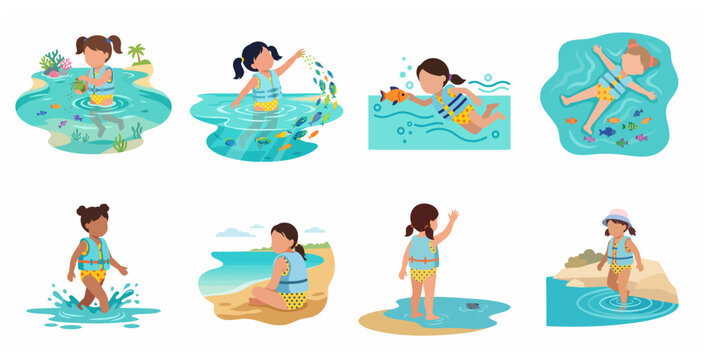 Vector set of a little girl enjoying beach and ocean activities including swimming, feeding fish, and playing in water wearing a life jacket