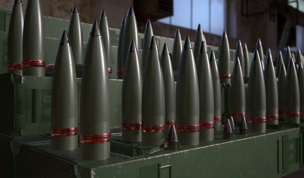 155 mm artillery shells on crates