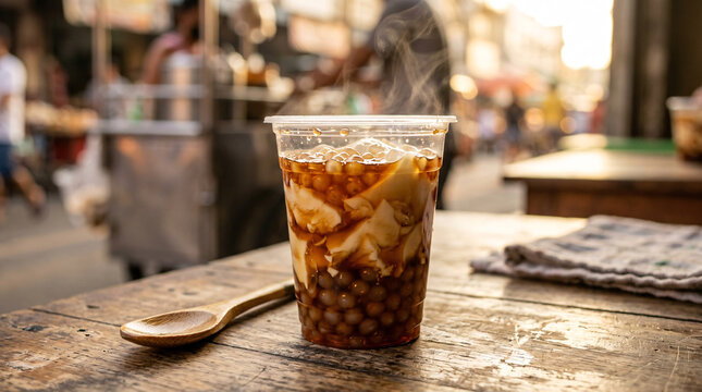 Cup of warm Filipino taho with sago pearls and brown sugar syrup at a street-food stall