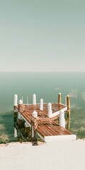 Fototapeta premium A surreal harbor with a lifting water surface and glossy wood dock, illustrating coastal resilience and climate change concepts with copy space