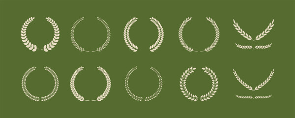 Minimal laurel wreath icon set, vintage circular foliage and wheat frames. Elegant leaf borders for premium certificates, award logos, badges, heraldic crests. Botanical ornaments. Vector illustration © Design Thinker