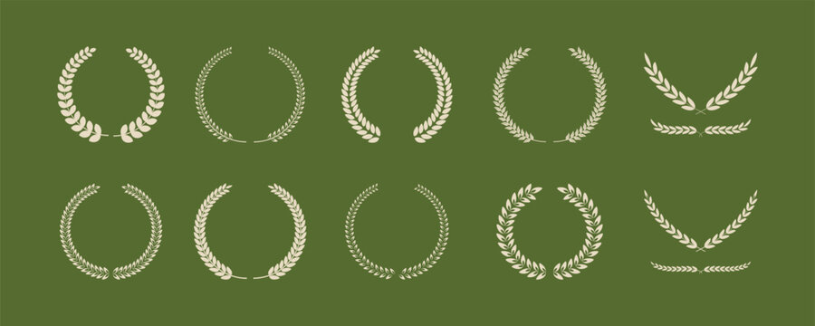 Minimal laurel wreath icon set, vintage circular foliage and wheat frames. Elegant leaf borders for premium certificates, award logos, badges, heraldic crests. Botanical ornaments. Vector illustration