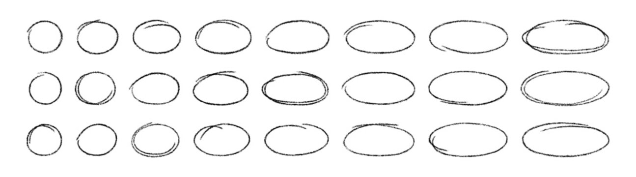 Hand drawn crayon ovals and circles set. Chalk pencil ovals of different widths. Highlight line circle frames. Ellipses in crayon doodle style. Vector illustration isolated on white background.