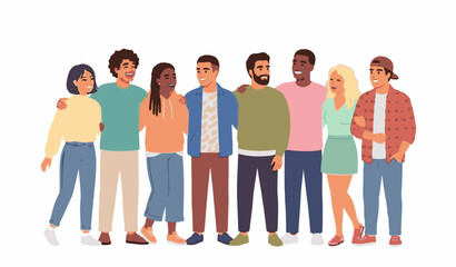 Obraz premium Diverse men and women friends team standing together smiling vector illustration friendship and unity concept isolated on white background