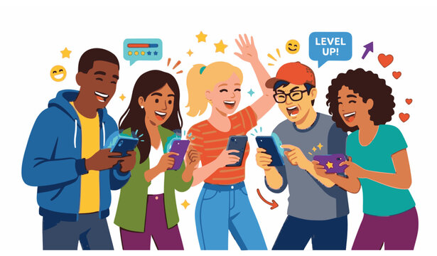 Happy friends playing mobile game together vector illustration diverse group gaming friendship concept isolated on white background