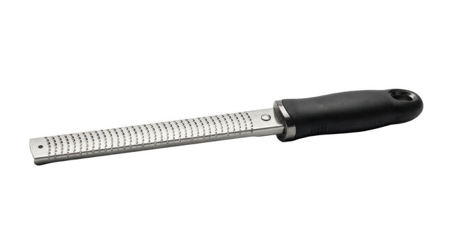 Stainless steel hand grater and citrus zester with black ergonomic handle, high-resolution kitchen utensil PNG image for food preparation and baking

