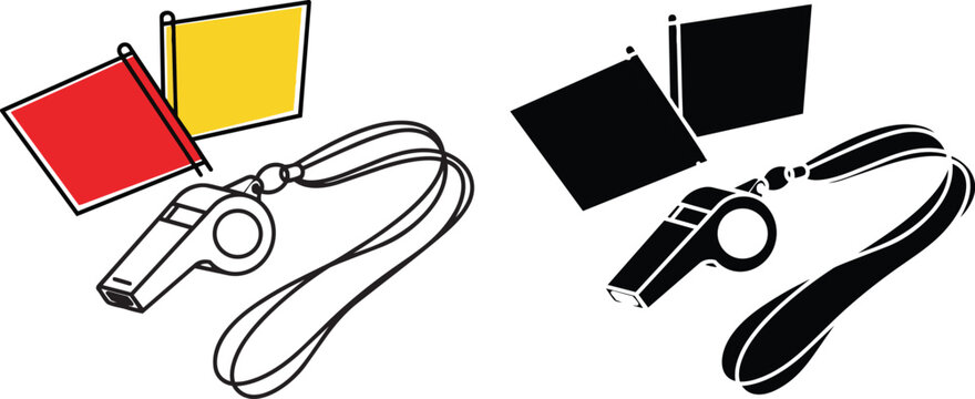 Pair of referee whistles with red and yellow flags and black flags on white isolated on transparent background