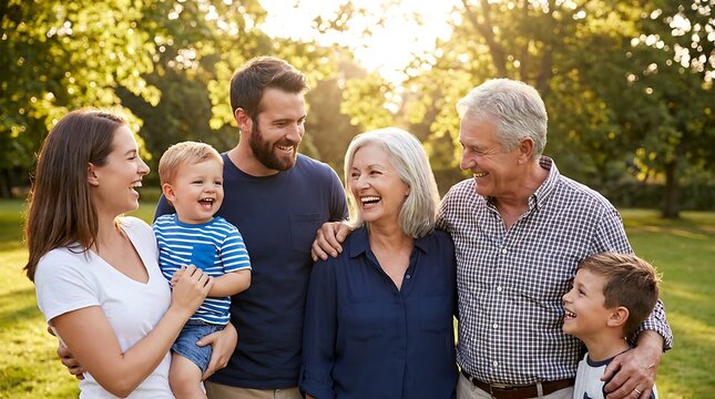 Multi generational happy family smiling and laughing together outdoors in sunny park on summer day, embracing with love and joy.