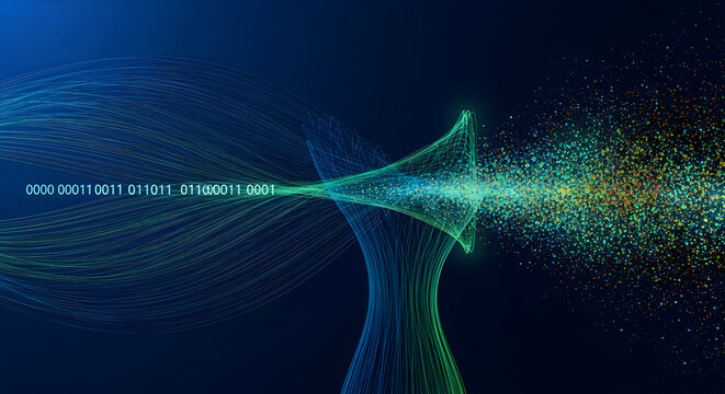 Digital binary code flows through glowing abstract lines transforming into colorful sparkling particles on a dark deep blue background surface