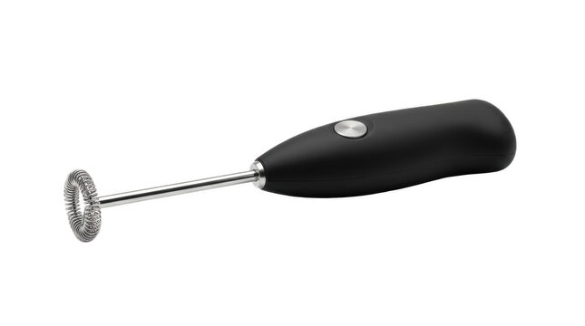 Black handheld electric milk frother with stainless steel whisk, high-resolution beverage mixing kitchen tool PNG image for coffee and latte preparation

