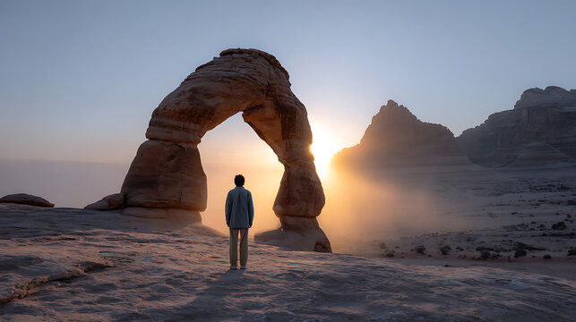 man standing before delicate arch in utah desert watching sunset over red rock formations during hiking adventure travel