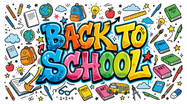 Graffiti "Back to School" design with colorful school supplies and elements