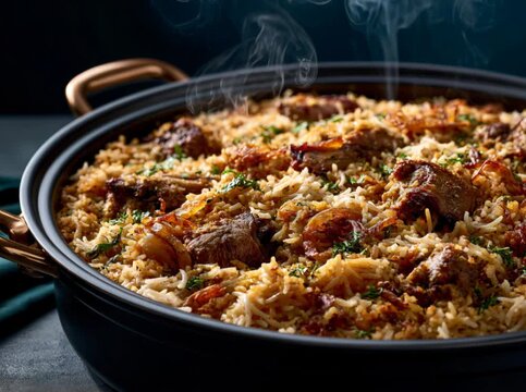 Freshly cooked lamb biryani steaming in a dark cooking pot on a kitchen table