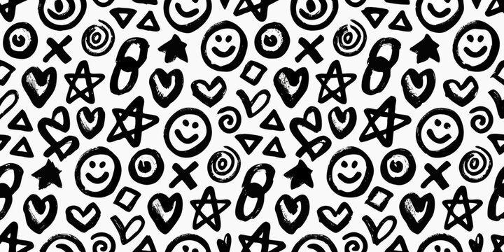 Hand drawn doodle pattern with stars hearts and smiley faces black and white