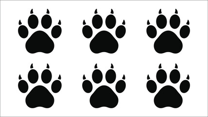 Fototapeta premium Animal paw print vector icons set, black predator footprints with sharp claws, wild beast track silhouettes collection of six, hunting and nature themed design, isolated wildlife illustration concept.