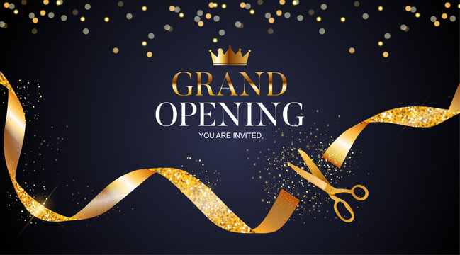 Grand opening announcement with golden ribbon scissors and confetti on dark blue background