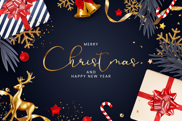 Festive christmas background with golden reindeer gifts and snowflakes on a dark navy backdrop ©  SABBIR 