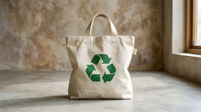 Recyclable canvas tote bag with green recycle symbol on front