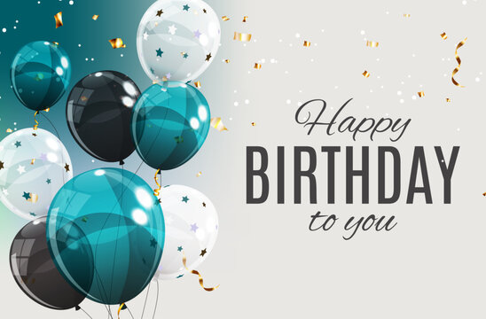 Celebratory birthday graphic with colorful balloons and confetti against a light background