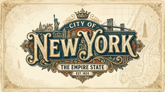 Vintage New York City Emblem with Iconic Landmarks and Illustration