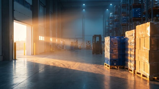 Industrial warehouse interior with pallet stacks and forklift at sunset showing bright sunlight rays entering large open loading bay doors onto clean concrete floor workspace environment.