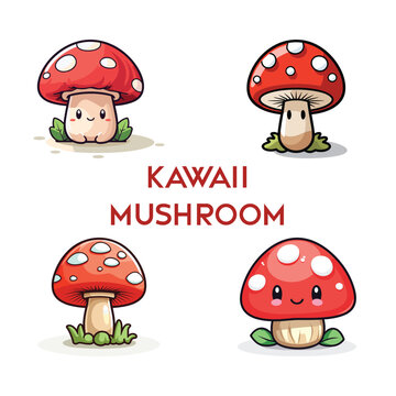 Adorable Cartoon Mushrooms with Kawaii Faces and Red Caps