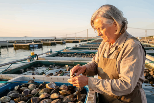 Woman Inspecting Oysters at Aquaculture Farm.